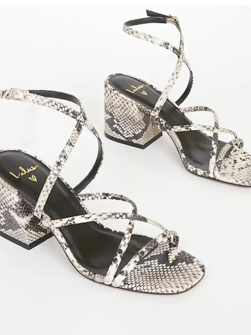 KALLIA BLACK AND WHITE SNAKE LEATHER STRAPPY HIGH HEEL SANDALS
LULUS